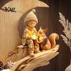 Retro Style Home Decor Fairy Tale Little Boy and Fox Wooden Figurine, Rustic Desktop Statue, Artistic Carved Vintage Accents Sculpture Ornament