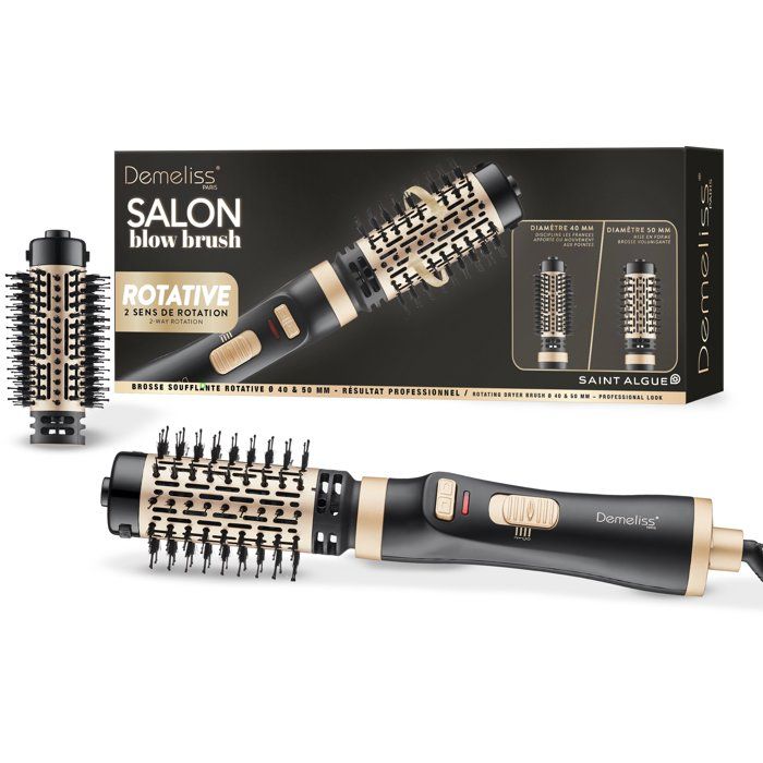 Вращающаяся щетка-фен - SAINT ALGUE - Demeliss Salon Blow Brush - 1000 Вт - 2 насадки - 3 температуры - Черный / Золотой