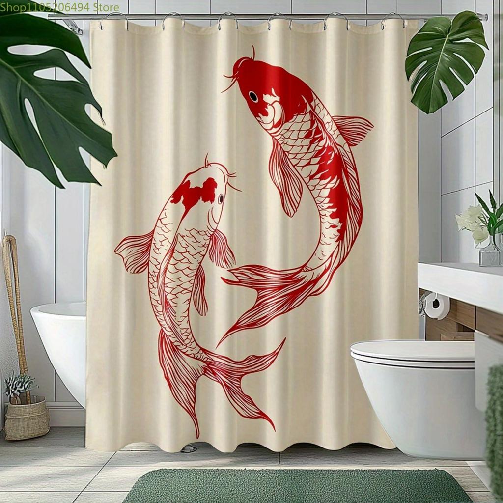 1pc Minimalist Koi Fish Bath Curtain - Elegant Modern Shower Curtain Suitable for Bath Tub, with Hook Rings, No-Drill Installa