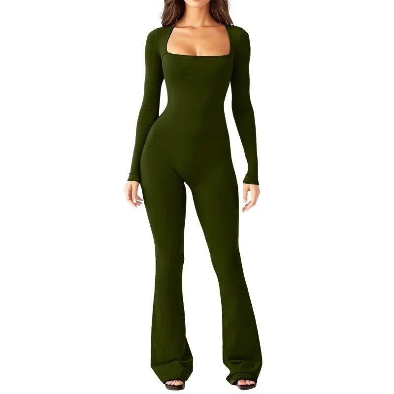 2024 Long Sleeve Square Collar Skinny Wide Leg Women Jumpsuits High Elastic Fashion Bodysuit Casual Solid Color Clothes 30648