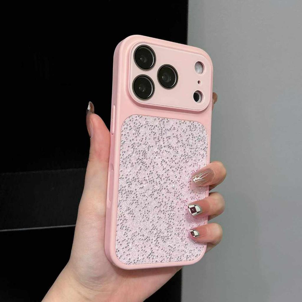 Блестящий Алмазный Чехол для Телефона Однотонный с Большим Окном Для iPhone 17 16 15 14 13 Pro Max Стеклянная Защита Камеры Стразы Полное Покрытие