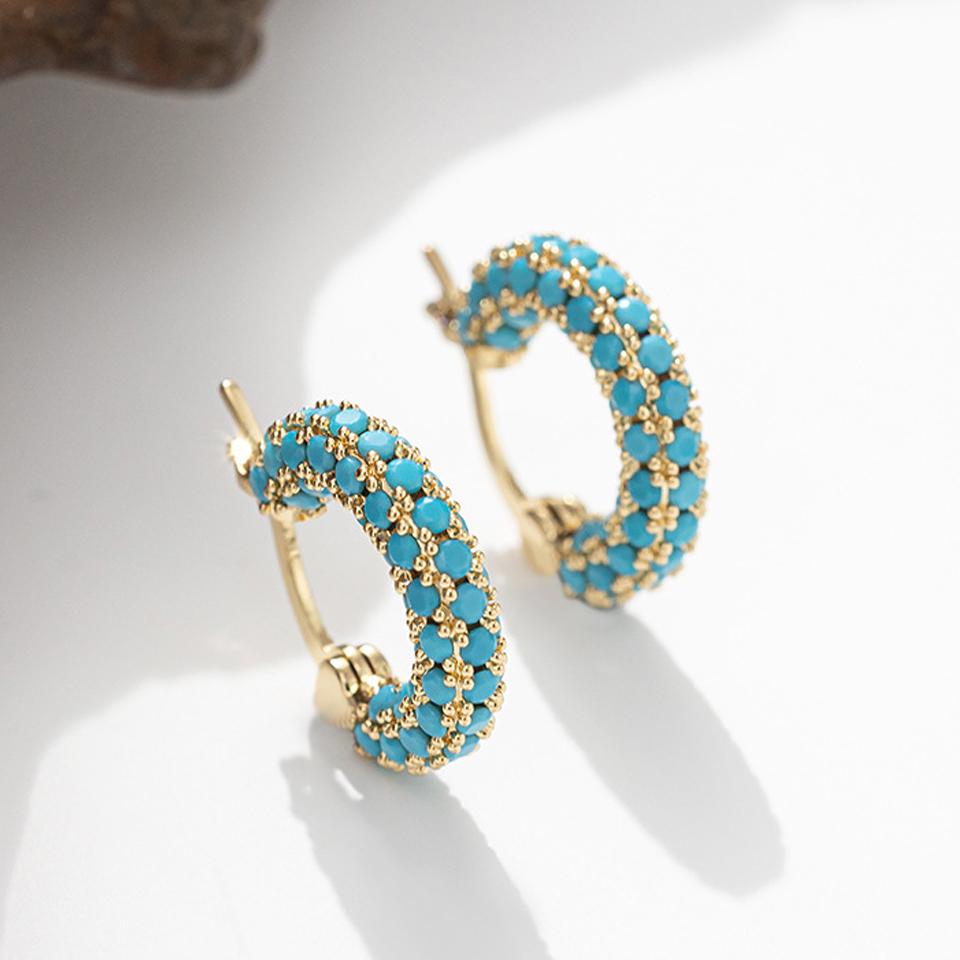 ZAKOL Gold Color-plated Turquoise Hoop Earrings for Women Girls Fashion Round Blue Beads Circle Earrings Huggies Zircon