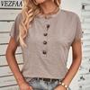 Women's Fashion Casual Summer Spring Solid Color Print Buttons Short Sleeve O-Neck Blouses & Shirts