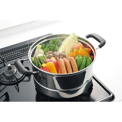 Pearl Metal Stainless Steel Deep Pot with Glass Lid, 22cm, with Strainer, Steamer, HC-529