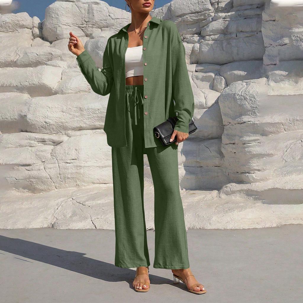 Women's Fashion Solid Color Long Sleeved Button Cardigan Top Elastic Waist Casual Pants Two-piece Set