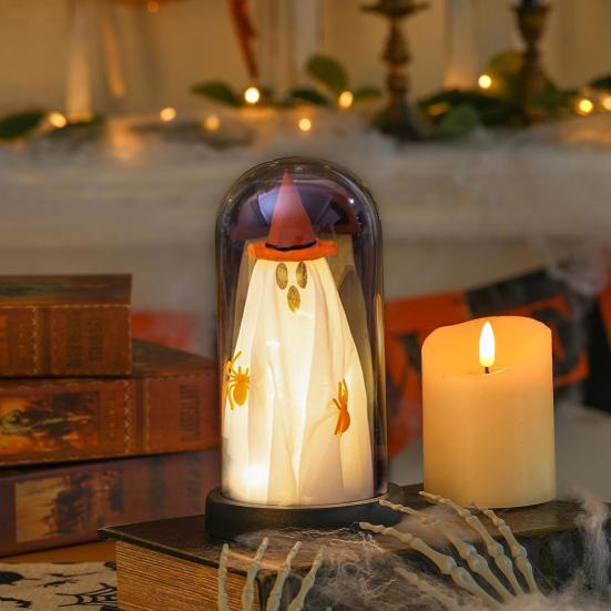 Хэллоуин Призрак Декор Светящийся Призрак в Стеклянном Колпаке с Деревянным Основанием Милый Призрак Ночник Украшение для Стола Полки Камина Комнатный Декор