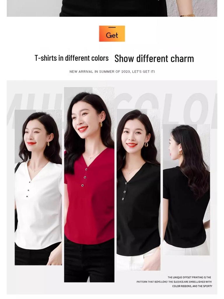 2025 Стильная футболка с V-образным вырезом, приталенная, для миниатюрных, с коротким рукавом