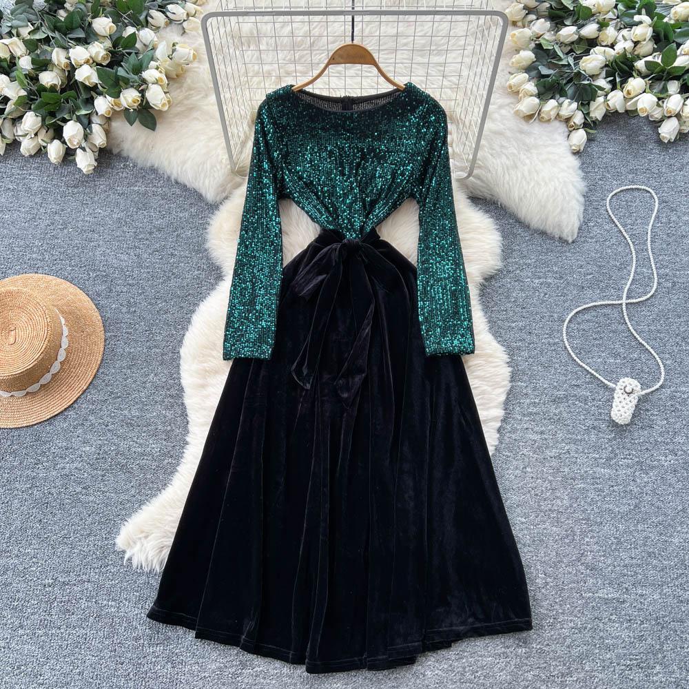 Шикарный Винтажный Велюровый Элегантный Наряд Феи с Длинным Рукавом Корейская Мода Осенняя Мода Платья Женская Одежда
