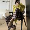 La Chapelle Women's High-Waisted Plaid Wide-Leg Pants