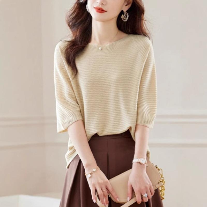 Женская футболка со средним рукавом и круглым вырезом, новая элегантная модель на весну и лето, свободный тонкий вязаный свитер, модный пуловер для женщин