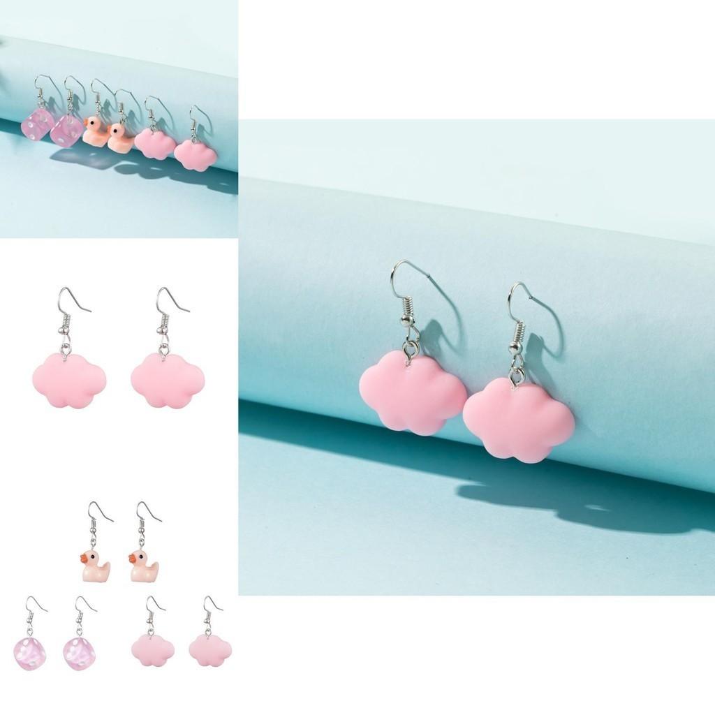 Stylish Pink Resin Earrings Set With White Cloud Duck And Dice Design For Women