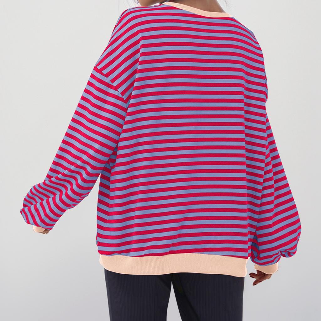 Women's Oversized Striped Color Blocking Long Sleeved Round Neck Sports Shirt Casual Loose Fitting Pullover Shirt Top