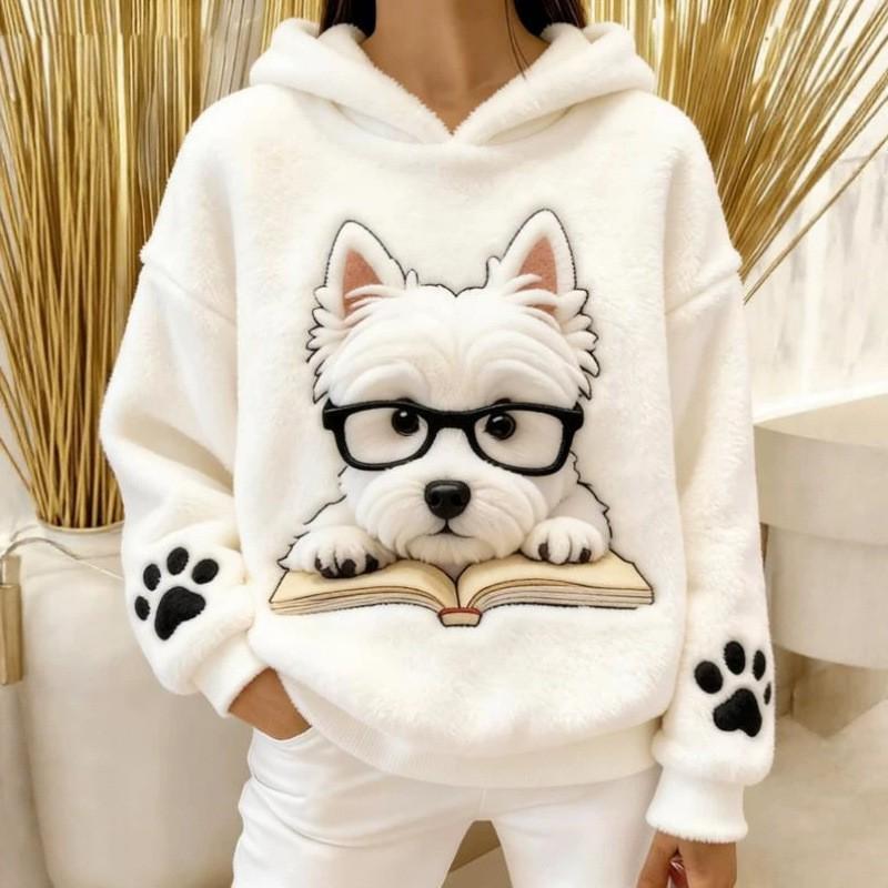 Womens Flannel Hooded Sweatshirt With 3D Dog Print - Cozy Casual Long Sleeve Top Winter