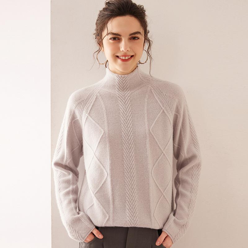 Semi-Turtleneck Rhombus Knitted Sweater Women'S Loose Lazy Pullover Wool Sweater Autumn And Winter New Thickened Knitted Bottoming Shirt