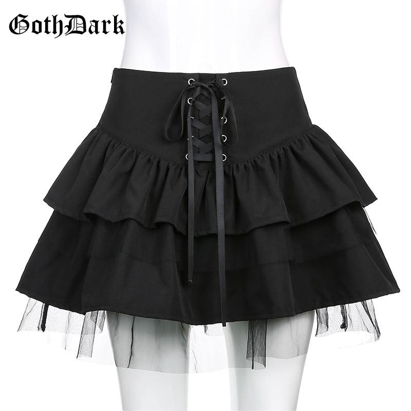 Goth Dark Gothic Pleated Lace Up Mini Skirts Mall Goth Mesh Patchwork Women Sexy Skirt High Waist Puffy Skirt Partywear Club Emo
