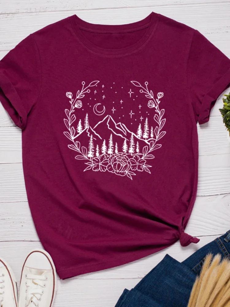 Wreath Moon Mountain Print Женская футболка с коротким рукавом и круглым вырезом Свободная женская футболка Женская футболка Топы Одежда Camisetas Mujer