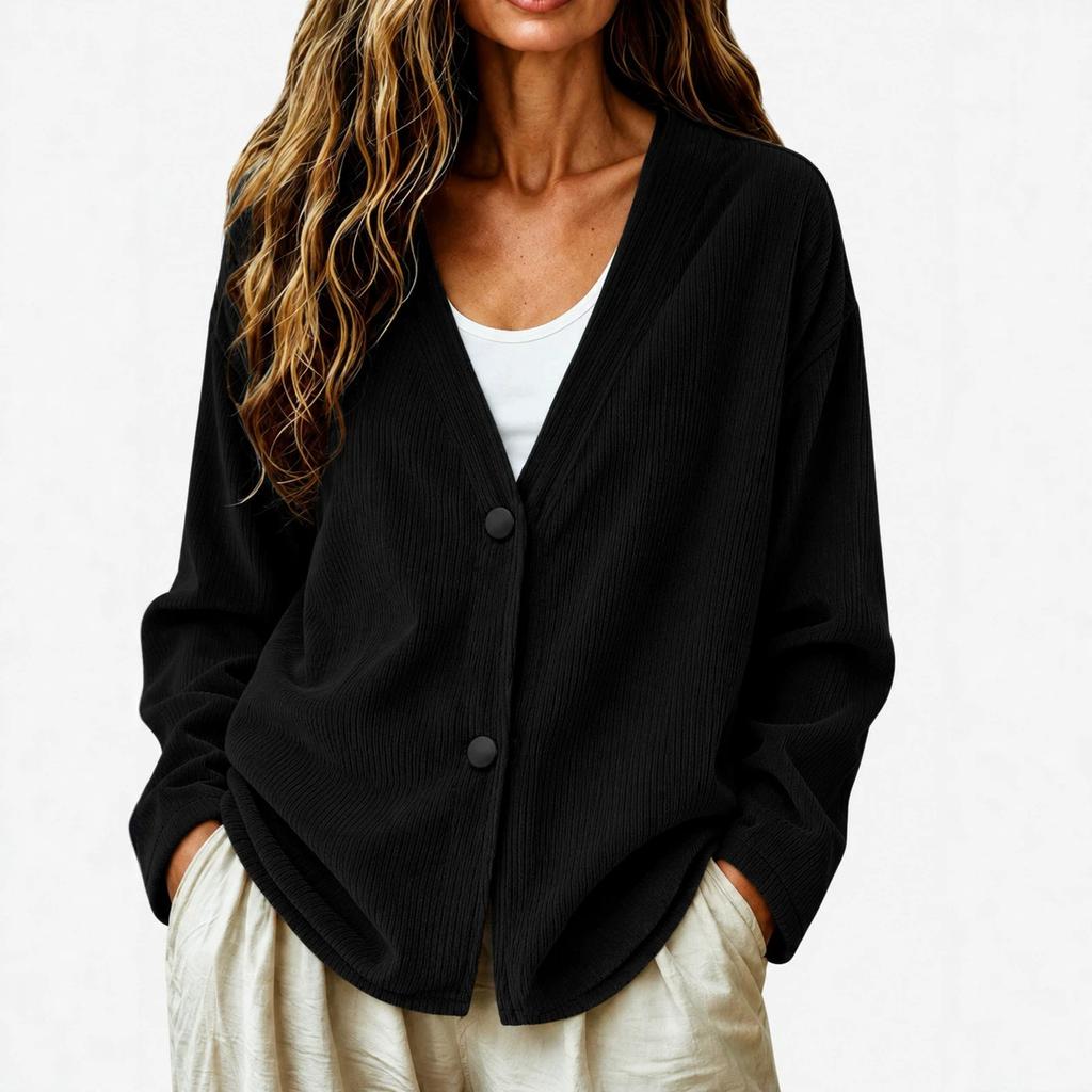 2026 cross-border autumn European and American new women's clothing loose V-neck corduroy knitted cardigan long-sleeved casual jacket women