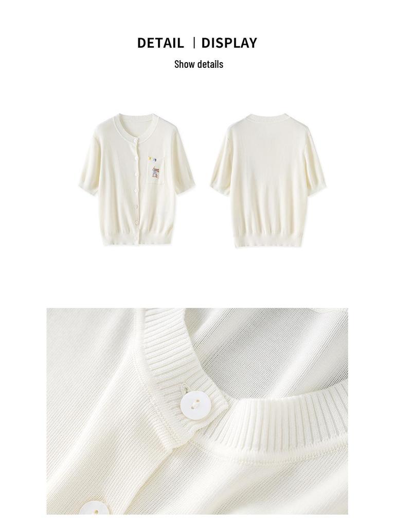 Французский Забавный Маленький Кролик Вышивка Вязаный Кардиган из Тенселя - Женский Повседневный Топ с Коротким Рукавом