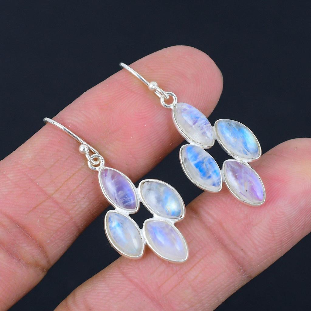 Natural Blue Fiery Rainbow Moonstone Earrings Solid 925 Sterling Silver Handmade Drop Dangle Earrings Jewelry Valentine's Day Gift For Love