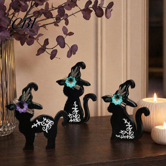 Halloween Mantel Decor 3Pcs Decoration, Black Cat Ghost Witch Hat Table Decor, Decorations Rustic Farmhouse Wooden Centerpieces for Home Office Tiered