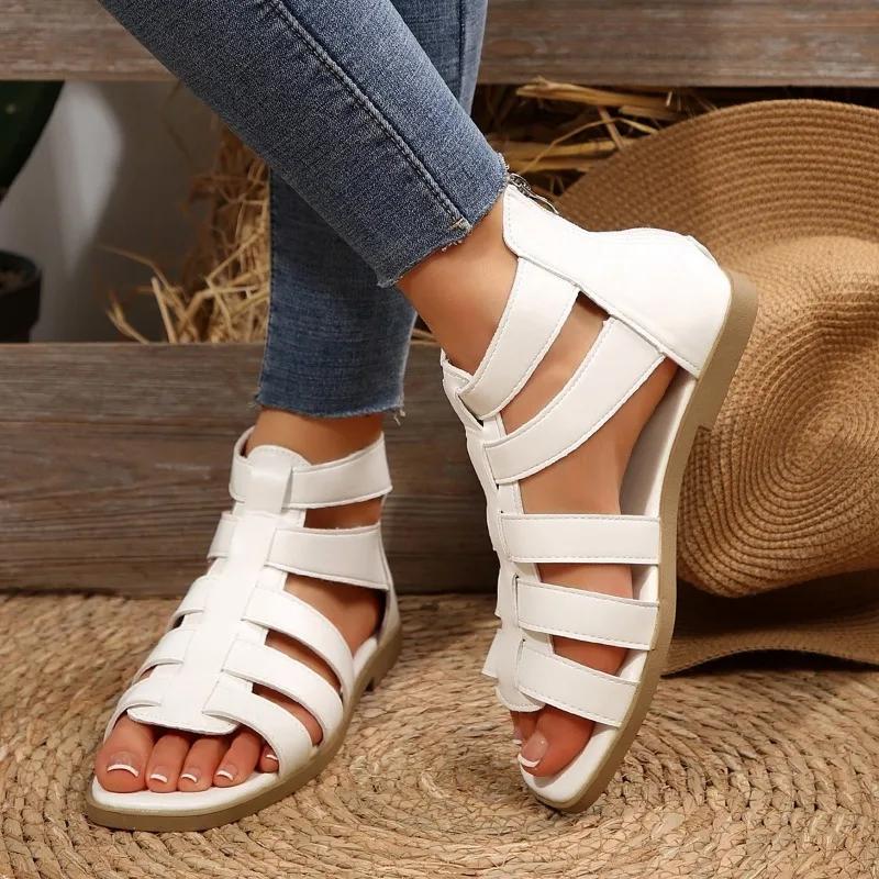 Модная обувь для женщин 2025 Бренд Задняя молния Женские сандалии Модные сандалии с узким ремешком Повседневные сандалии Swomen Новые большие размеры Однотонные сандалии на плоской подошве