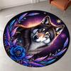 Wolf Galaxy Round Rug Flannel Cosmic Wolf Art Floor Mat Purple Blue Feather Flower Decor Living Room Bedroom Kids Room Soft Non