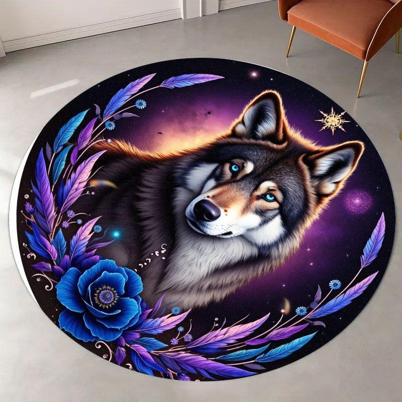 Wolf Galaxy Round Rug Flannel Cosmic Wolf Art Floor Mat Purple Blue Feather Flower Decor Living Room Bedroom Kids Room Soft Non