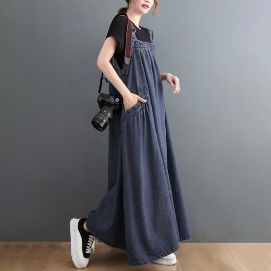 Yousheng Women's Denim Overall Dress Loose Sleeveless Boho Jean Jumper Dress with Pockets Wide Hem Pinafore Dress with Adjustable Strap