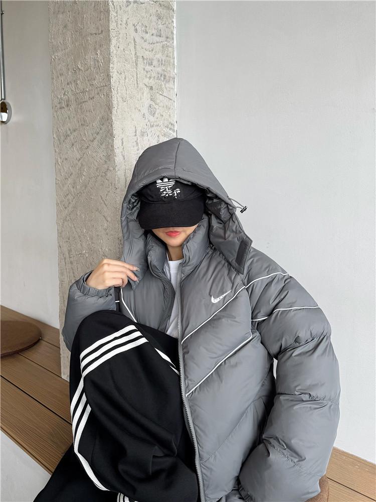 Men's American Style Black Hooded Jacket: Reflective Stand Collar, Winter Cotton, Casual Loose Fit.
