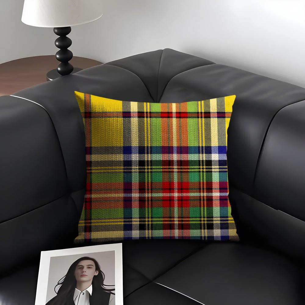 Yellow Checkered Cushion Cover Natural Linen Organic Fabric DoubleSided Printing Sofa Home Decor Gift Pillow Case
