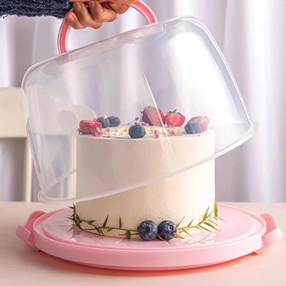 Foldable Handle Cake Container Round Cake Case Food Storage Tray Plastic Cake Box  Picnic