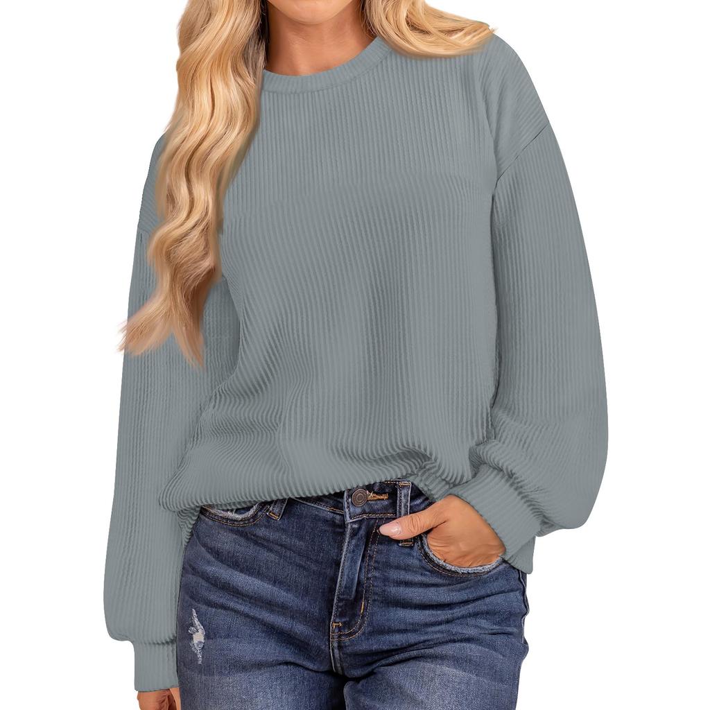 Женская мода однотонный нитка длинный рукав свободный круглый вырез пуловер топ
