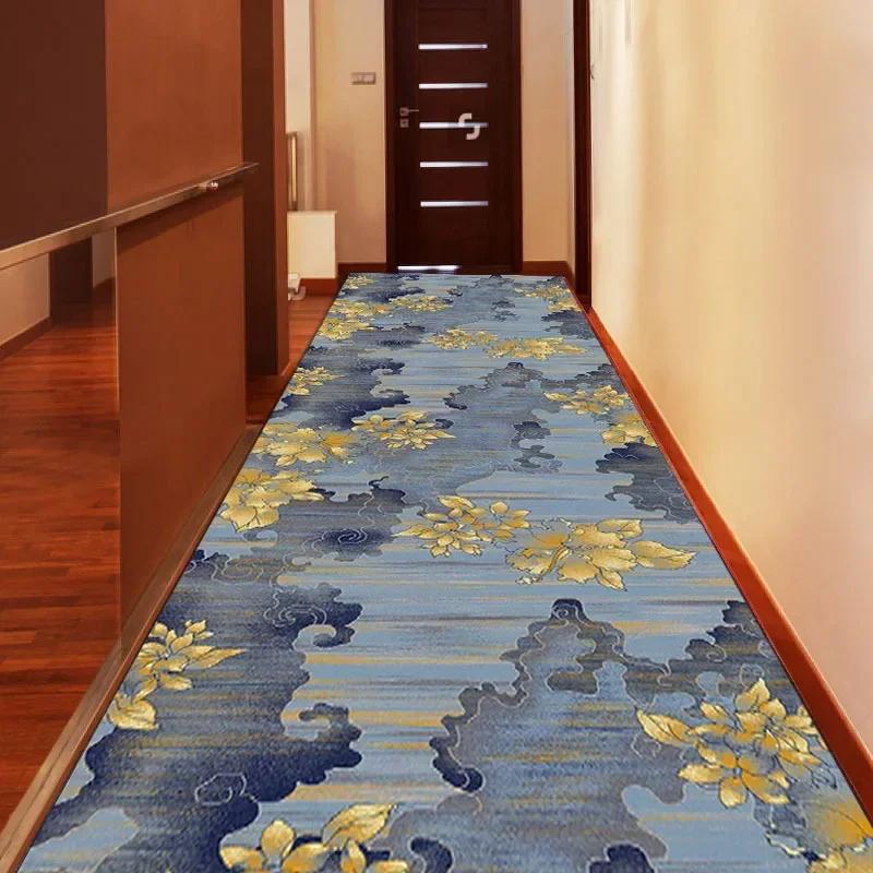 Роскошные длинные ковры для коридора для бегуна, прихожей, синего золота, жаккардовый ковер для гостиной, гостиничного коврика для лестницы, нескользящий домашний кухонный ковер