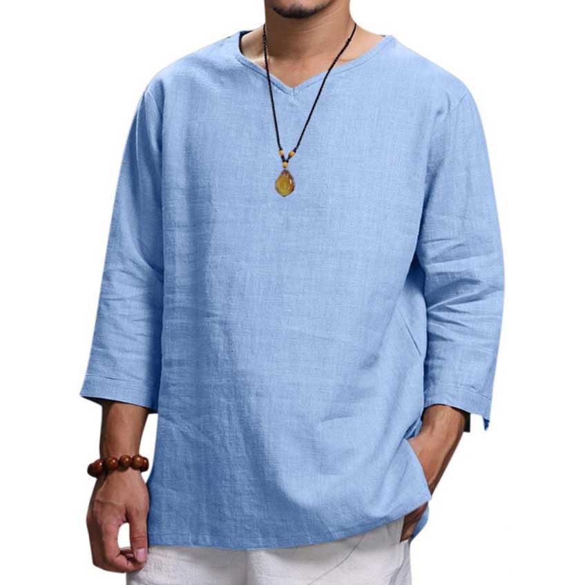 Men's Long Sleeve V-neck Cotton Linen Loose Shirt