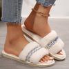 Fashion Rhinestone Fluffy House Slippers for Women 2025 Winter Warm Faux Fur Flat Slides Woman Open Toe One Strap Plush Slippers