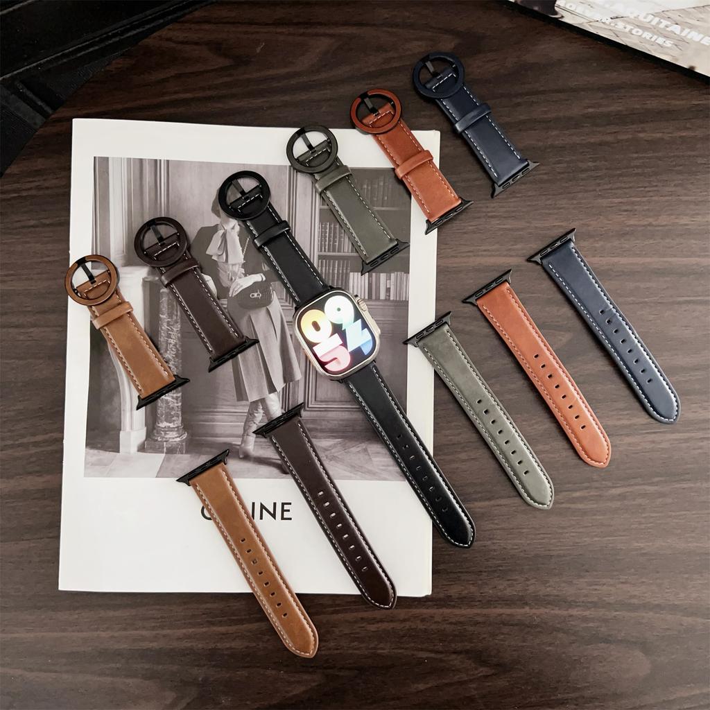 Crazy Horse Texture Round Buckle Leather Watch Band For Apple Watch Series 10 Ultra 9 8 7 SE 6 5 4 3 2 1 46mm 49mm 45mm 44mm 42mm