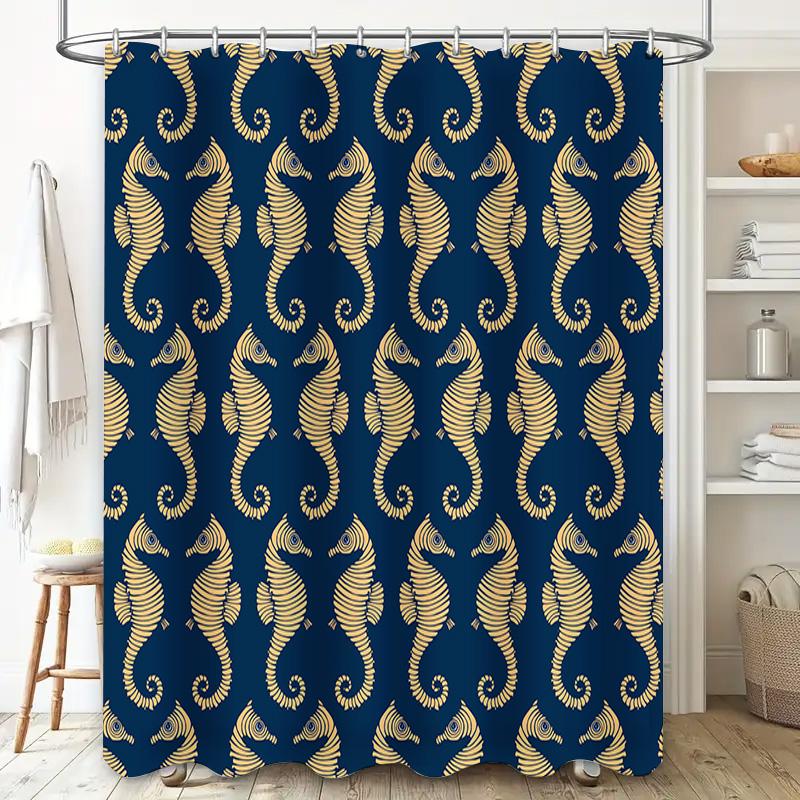 Gold Seahorse Bath Shower Curtain Decorative Waterproof Fabric Printing Bathroom Window Privacy Protection Home Decoration Custo
