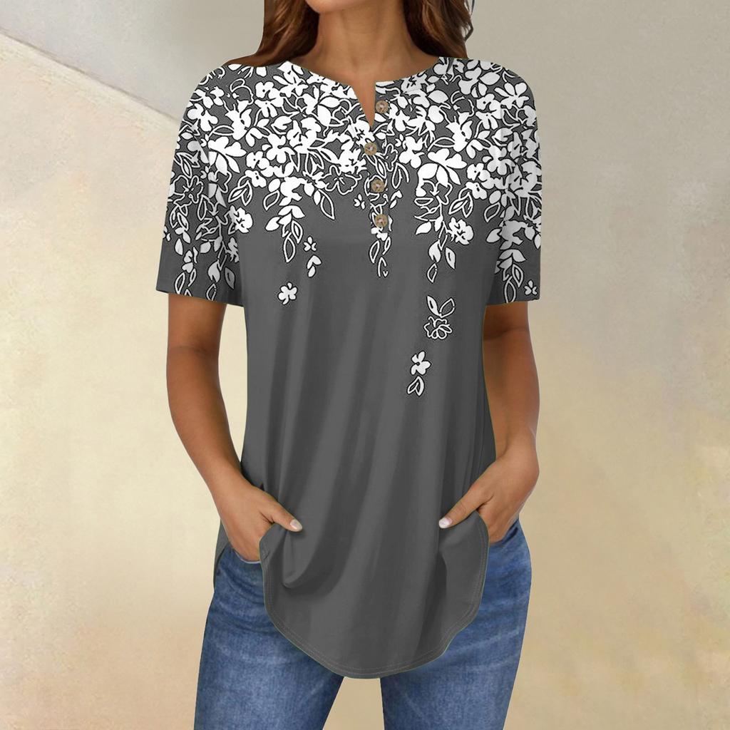 Short Sleeve Womens Tops Summer T-Shirts Floral Print V Neck Casual Basic Tee Button Shirts Tunic Tops
