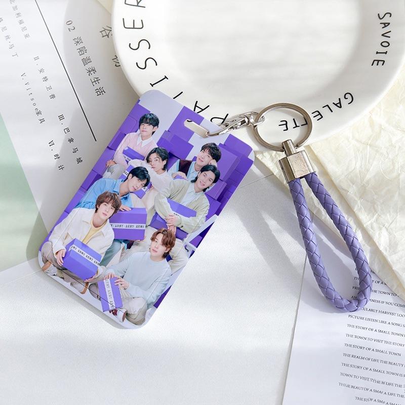 BTS Sliding Photocard Holder, Protective ID Badge Card Case with Braided Keychain Strap, Student Campus Bus Meal Card Protector Merch for ARMY