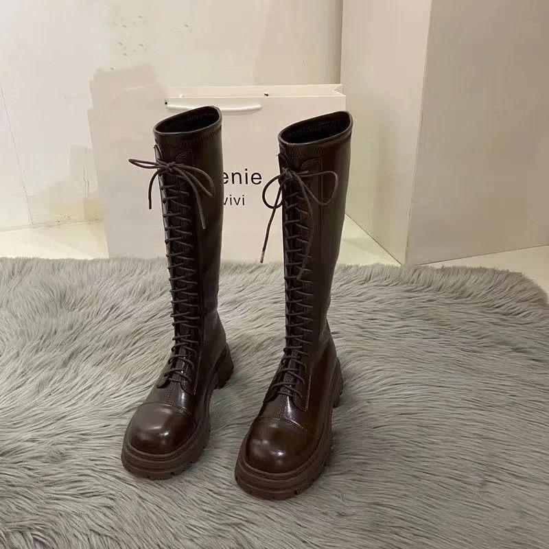 Thick-soled White Long Boots Women's Shoes 2025 New Martin Boots Women's Brown Autumn and Winter Long Knight Boots Ins Tide