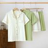 Summer New Women's Pajama Set 100% Cotton Short Sleeve Shorts Two Piece Cardigan Solid Color Casual Large Homewear