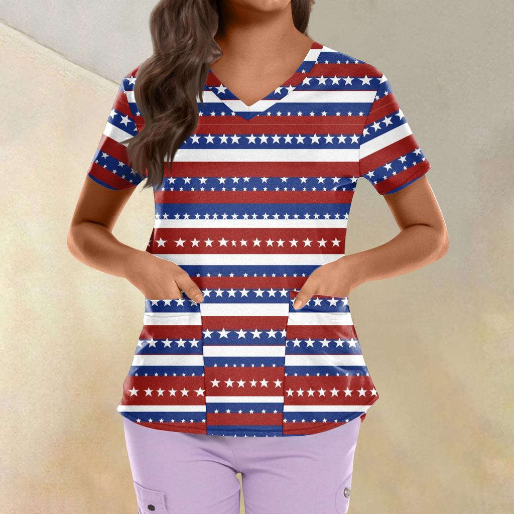 Plus Size Printed Scrub Working Uniform Tops For Women's Cross V Neck Independence Day Print Short Sleeve Fun T-Shirts Workwear Tee With Pockets