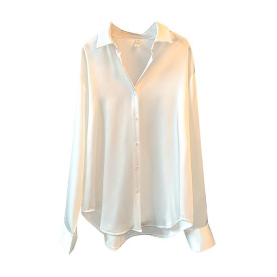 Women Shirt Lapel Long Sleeve Single Breasted Shirt Tops Solid Color Smooth Satin Loose Fit Versatile Shirt