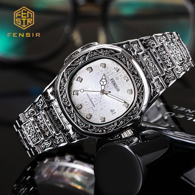 Весна 2025 Новые Мужские Роскошные Деловые Наручные часы из нержавеющей стали Винтажные Часы с кварцевым механизмом с резными узорами для мужчин Relogio