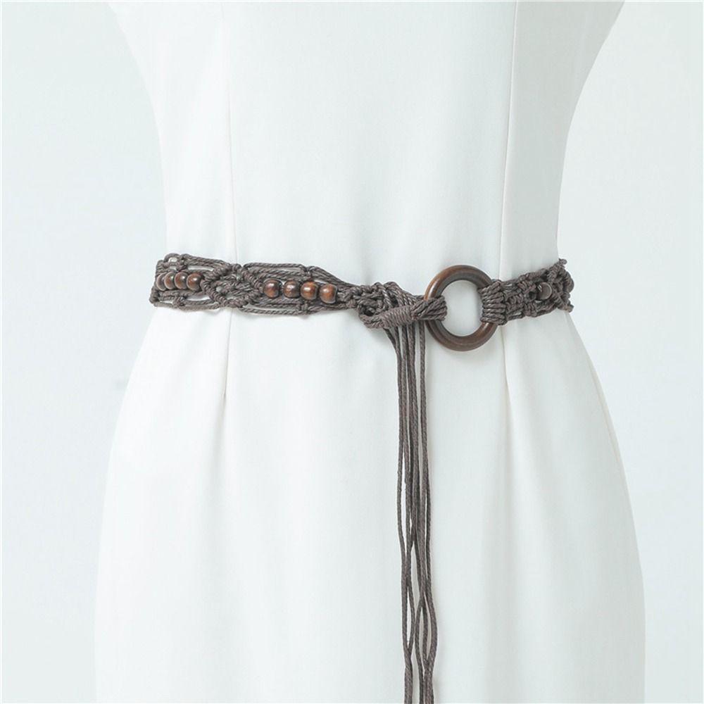 Вощеный шнур, бусины, ручное плетение, DIY, этнический стиль, плетеный пояс, женская цепочка на талию, круглая деревянная пуговица