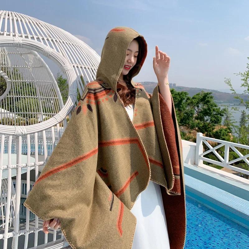 21 Style Big Pendulum Cloak With Hat Arabic Poncho Women Leopard Pocket Shawl Cape Knitted Middle East Split Thick Warm Blanket