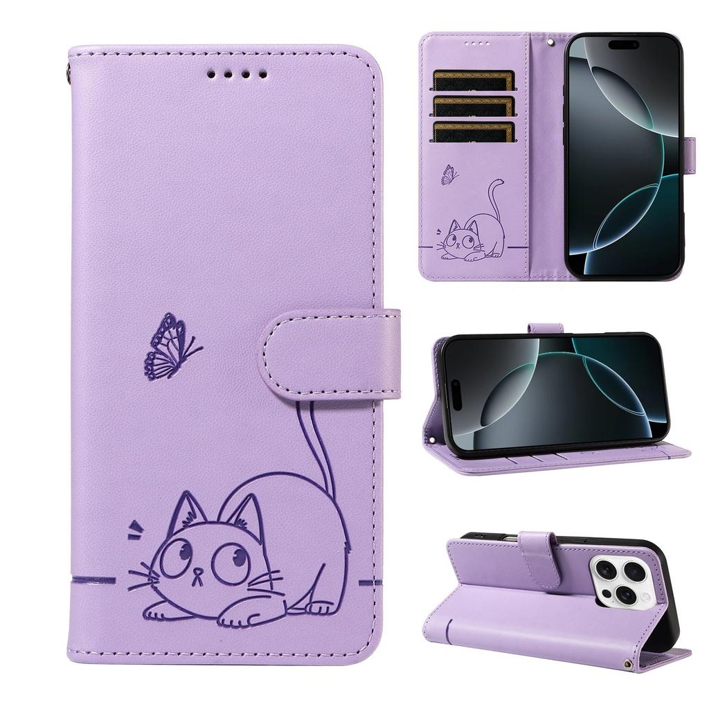Leather Wallet Flip Case For OPPO Reno 15 Pro Max mini 15F 14 14F 13 13F 12 12F 11 11F 10 Cat and Butterfly Embossed,Wrist Strap