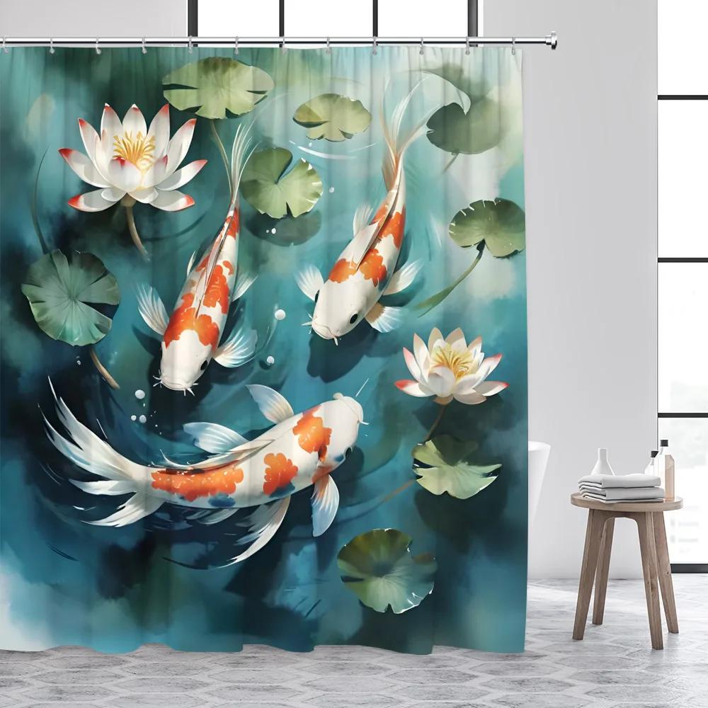 Занавеска для душа в японском стиле с кои, белый лотос, зеленые листья, озерный карп, цветочный арт, украшение для ванной комнаты, полиэстеровые шторы для ванной