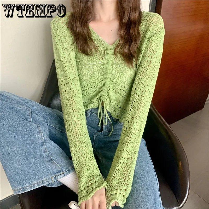 Женские вязаные топы в корейском стиле, весна-лето, свободные плиссированные короткие топы ярких цветов с v-образным вырезом и завязками