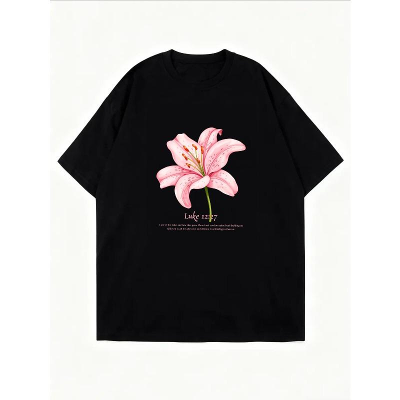 Белая футболка с розовым цветком лилии и стихом из Библии Луки 12:27 для женщин, повседневная одежда, летний наряд